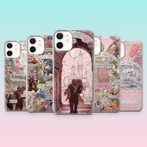 Puede incluir: Varias fundas transparentes para teléfono con diseños románticos. Las ilustraciones presentan parejas, castillos y elementos florales. El texto incluye "Little Fox" y "Magnificent North".