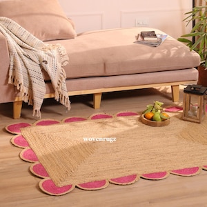 Handgefertigter Jute-Teppich mit Wellenkante: Rosa Jute-Teppich mit Wellenkante, Jute-Teppich mit Wellenkante, Boho-Jute-Teppich, handgewebter Jute-Teppich, Teppich in Sondergröße