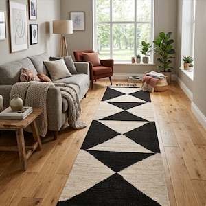 Puede incluir: Una alfombra larga y rectangular con un patrón geométrico de diamantes en negro y crema. La alfombra está colocada sobre un suelo de madera en un salón, con un sofá, un sillón y obras de arte visibles en el fondo. El diseño de la alfombra añade un toque moderno a la habitación.