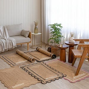 Scalloped Edge Jute Rug : Natural Fiber Handwoven Area Rug, Customize Any Size Color, Striped Jute Rug, Layered Rug, Meditation Rug