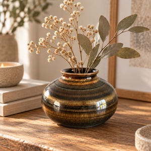 May include: A squat, round ceramic vase with a glossy finish featuring horizontal bands of dark brown, black, and golden-bronze tones. The vase has a wide, short neck and contains a small arrangement of dried white baby's breath and green eucalyptus.