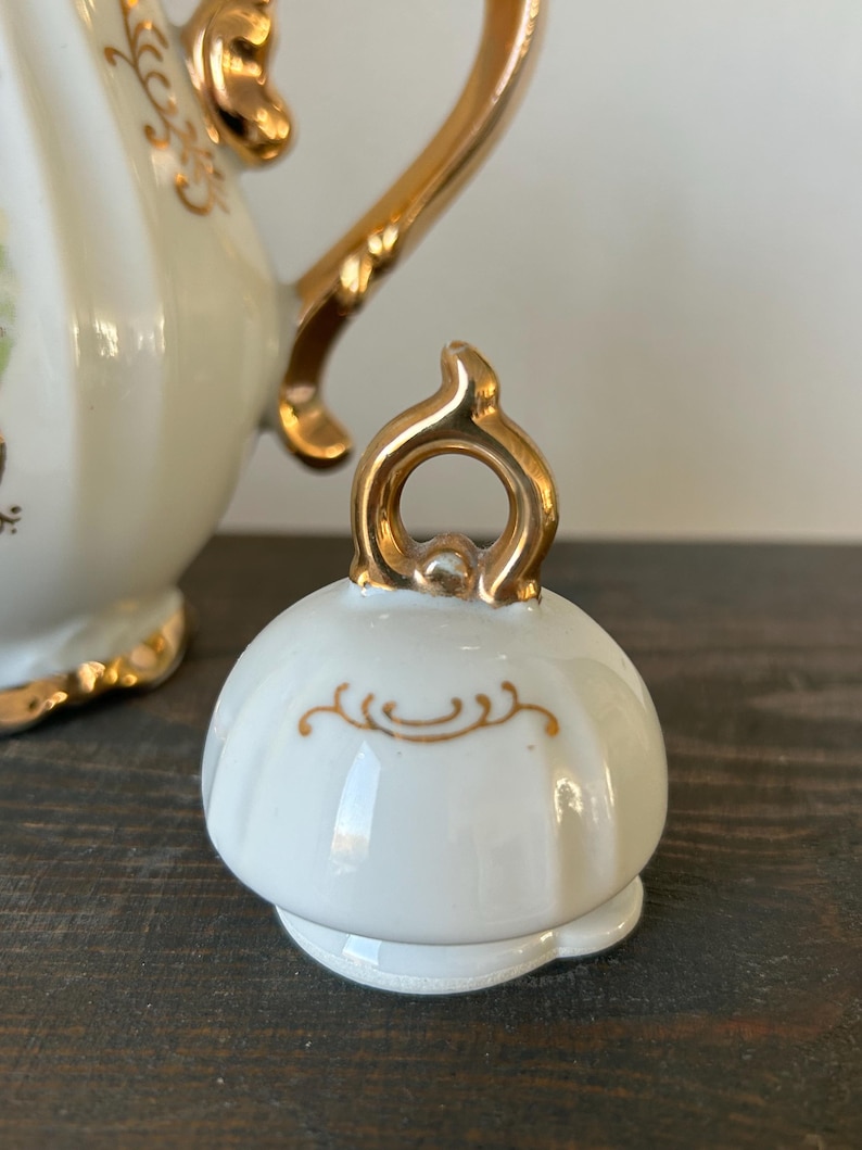 Vintage Victoria Porcelain Tea Set – Gold Gilded Teapot Creamer Sugar Bowl – European Romantic Scene (small) image 9