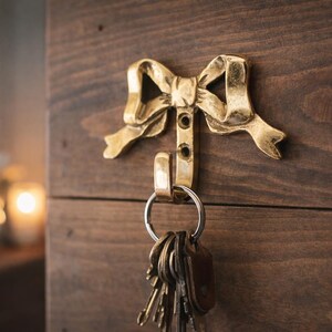 Pode incluir: Um gancho de metal dourado em forma de laço montado numa superfície de madeira escura. Um conjunto de chaves está pendurado no gancho. O fundo está desfocado, com um vislumbre de um vaso de flores brancas e uma vela acesa.