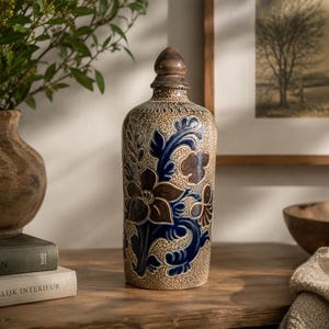 Może przedstawiać: Cylindryczna butelka ceramiczna o teksturowanej, beżowej, nakrapianej powierzchni, ozdobiona tłoczonymi wzorami kwiatowymi w kolorze głębokiego błękitu i brązu. Butelka posiada wąską szyjkę oraz pasujący ceramiczny korek ze szpicem.