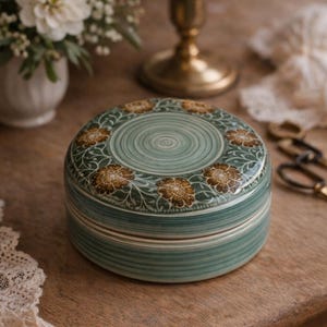 May include: A round, ceramic trinket box with a teal and brown floral design. The lid features a spiral pattern and a border of stylized flowers. The box is on a wooden surface, with a candle and flowers in the background.
