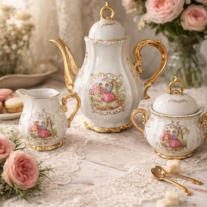 Vintage Victoria porseleinen theeservies – Vergulde theepot, melkkannetje en suikerpot – Europees romantisch tafereel (klein)