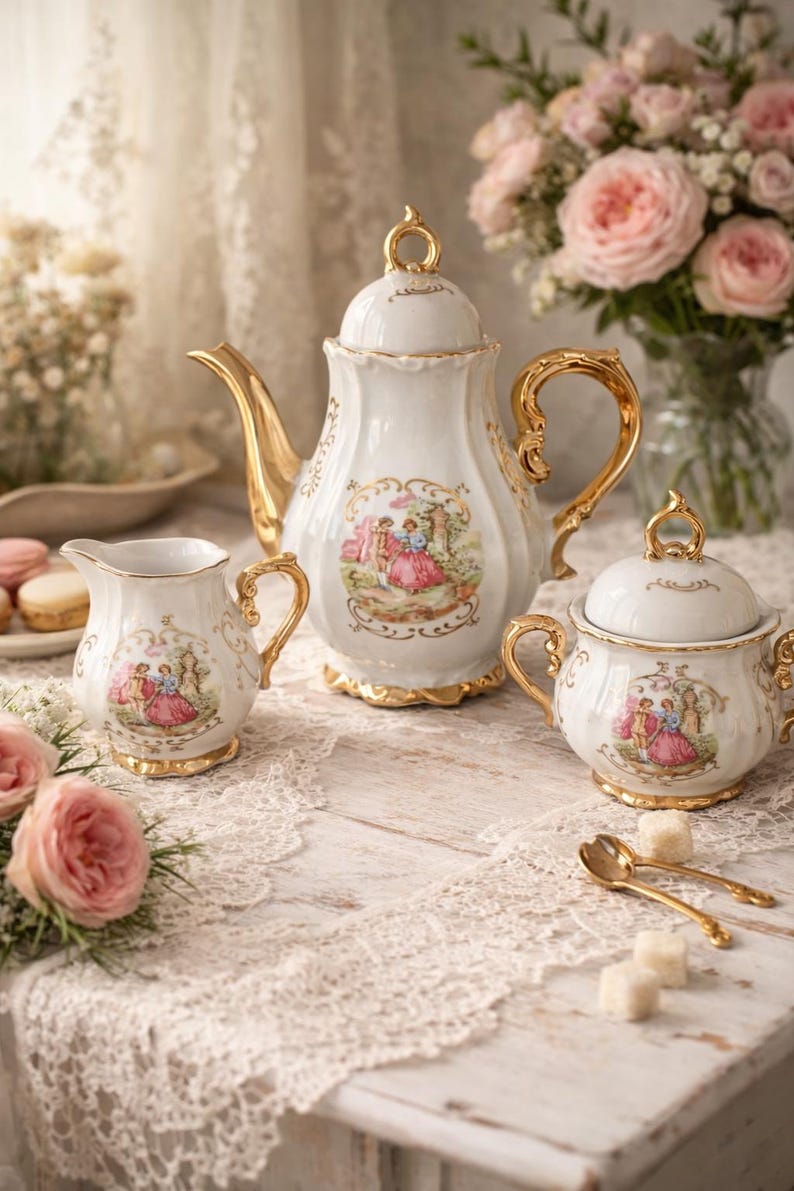 Vintage Victoria Porcelain Tea Set – Gold Gilded Teapot Creamer Sugar Bowl – European Romantic Scene (small) image 1