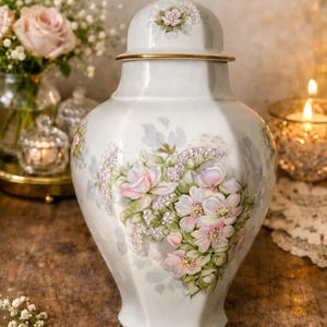 Könnte beinhalten: Eine weiße Keramikvase mit Deckel und Blumendesign. Die Vase hat einen goldenen Rand und ein zartes, gemaltes Muster aus rosa und weißen Blumen mit grünen Blättern. Der Hintergrund zeigt verschwommene Blumen und Kerzen.