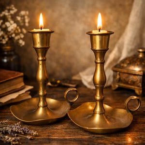 Set di candelabri vintage in ottone con anelli per le dita, decorazione rustica in stile fattoria.
