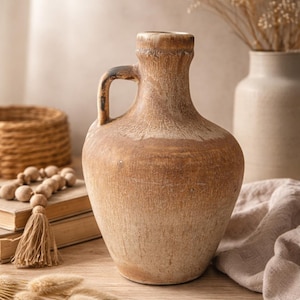 Könnte beinhalten: Eine braune Keramikkrug mit Henkel, auf einer Holzoberfläche. Die Krug hat eine strukturierte Oberfläche und einen breiten Boden, mit einem helleren Band in der Mitte. Weitere dekorative Elemente sind ein geflochtener Korb, Bücher und Trockenblumen.