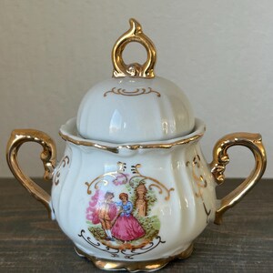 Vintage Victoria Porcelain Tea Set – Gold Gilded Teapot Creamer Sugar Bowl – European Romantic Scene (small) image 15