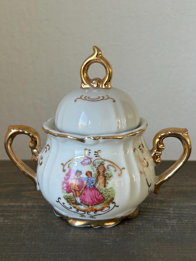 Vintage Victoria Porcelain Tea Set – Gold Gilded Teapot Creamer Sugar Bowl – European Romantic Scene (small) image 15