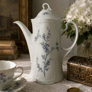 Pode incluir: Uma cafeteira alta de porcelana branca com corpo canelado e tampa com um delicado padrão de videira floral azul. A cafeteira tem uma alça curva e um bico longo e fino, com bordas recortadas sutis ao longo da borda superior e da base.
