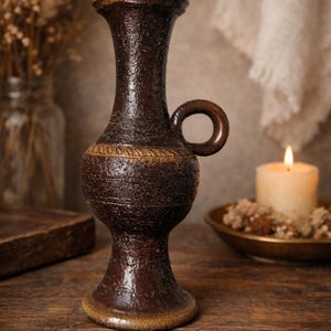 Könnte beinhalten: Eine handgefertigte, dunkelbraune Keramikvase mit Henkel. Die Vase hat eine strukturierte Oberfläche und ein dekoratives Band in der Mitte. Die Vase steht auf einer Holzoberfläche, mit einer Kerze und Trockenblumen im Hintergrund.