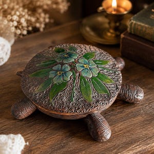 Può includere: Una scatola marrone a forma di tartaruga con un guscio testurizzato caratterizzato da motivi a spirale intagliati e un disegno dipinto di due fiori blu con foglie verdi. La scatola ha quattro zampe e una testa che sporge dalla base.