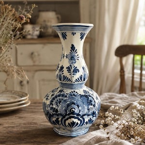 Può includere: Un vaso in ceramica alto e bulboso caratterizzato da una base bianca con intricati motivi floreali e fogliacei blu dipinti a mano. Il recipiente presenta un collo stretto che si allarga verso l'alto e una base ampia e arrotondata.