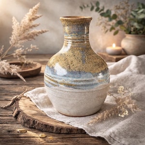 Pode incluir: Um vaso de cerâmica artesanal com um corpo bulboso e um pescoço estreito. O vaso apresenta uma paleta de cores bege, azul e dourado, com um acabamento texturizado e vidrado. Assenta numa superfície de madeira, sugerindo uma estética rústica.