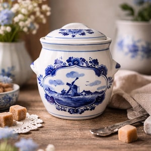 May include: A white ceramic jar with a lid, adorned with blue floral and windmill designs. The jar has two small handles and is set on a wooden surface. The scene includes sugar cubes and a small spoon.