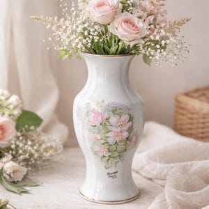 Può includere: Un vaso di porcellana bianca con bordo dorato, decorato con un motivo floreale rosa e verde. Il vaso contiene un bouquet di rose rosa e piccoli fiori bianchi, creando un'elegante esposizione.