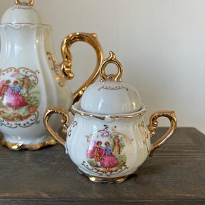 Vintage Victoria Porcelain Tea Set – Gold Gilded Teapot Creamer Sugar Bowl – European Romantic Scene (small) image 3