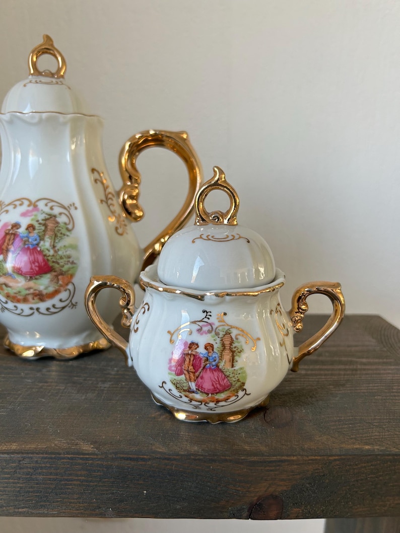 Vintage Victoria Porcelain Tea Set – Gold Gilded Teapot Creamer Sugar Bowl – European Romantic Scene (small) image 3