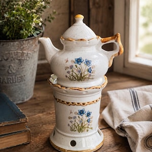 Vintage blommig keramikkanna med värmeelement | Cottagecore köksinredning