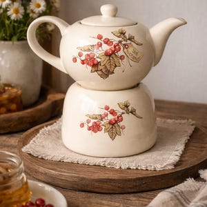 Peut inclure: Service à thé en céramique crème composé d'une théière et d'un chauffe-plat. La théière a un couvercle et une anse, et le chauffe-plat est en dessous. Les deux pièces sont décorées d'un motif de groseilles rouges et de l'inscription "red currant".