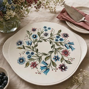Op de afbeelding: Een ronde, gebroken witte keramische serveerschaal met een centraal kransontwerp van blauwe en roze wilde bloemen met groene bladeren. De schaal heeft geïntegreerde handgrepen aan de zijkanten met een geribbelde textuur langs de randen.