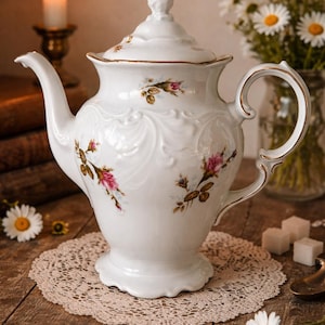 Może przedstawiać: Biały porcelanowy imbryk z pokrywką, ozdobiony różowymi różami i złotymi akcentami. Imbryk stoi na koronkowej serwetce, z zapaloną świecą i stokrotkami w tle.