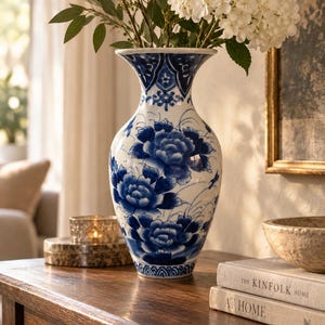 Könnte beinhalten: Eine hohe, ausgestellte Keramikvase mit weißem Grund, verziert mit komplexen blauen Blumenmustern und dekorativen Bordüren. Die Vase ist mit einem Strauß aus weißen Hortensien und grünen Eukalyptusblättern gefüllt, was einen klassischen Kontrast bildet.