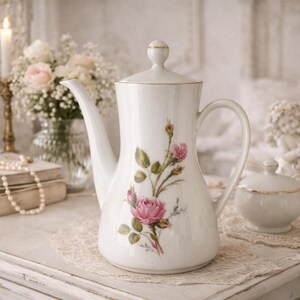 Könnte beinhalten: Eine weiße Porzellan-Kaffeekanne mit einem floralen Rosendesign. Die Kanne hat einen langen Ausguss, einen Griff und einen Deckel. Die Rosen sind rosa und grün. Die Kanne steht auf einer weißen Oberfläche.