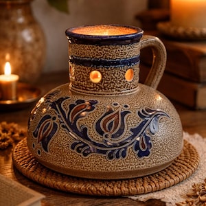 Könnte beinhalten: Ein Keramik-Diffusor für ätherische Öle mit Griff, mit einer gesprenkelten, beigefarbenen Basis und einem blauen Blumendesign. Der obere Teil hat ein blaues Band und drei Löcher. Der Diffusor steht auf einer gewebten Matte, mit einer brennenden Kerze im Hintergrund.