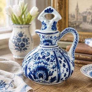 Puede incluir: Una jarra de cerámica blanca con intrincados patrones florales y geométricos en azul, un asa curva y un tapón decorativo con diseño recortado. El recipiente tiene un cuerpo redondeado y un cuello estrecho con motivos pintados en azul.