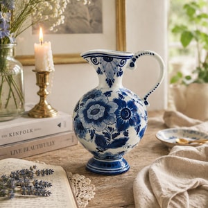 Puede incluir: Una jarra de cerámica blanca con cuerpo redondeado y asa curva, decorada con intrincados patrones florales azules. La jarra tiene un borde acampanado y una base circular, mostrando un estilo clásico pintado a mano con motivos botánicos.