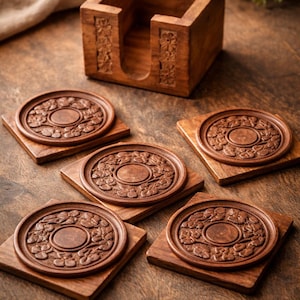 Set di sottobicchieri in legno intagliati a mano – Sottobicchieri floreali con supporto, decorazione rustica per la tavola