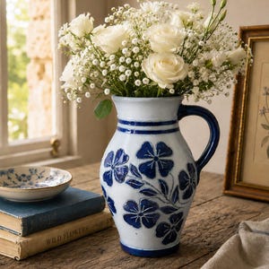 Könnte beinhalten: Ein hellblauer Keramikkrug mit dunkelblauem Blumenreliefmuster und einem Henkel, gefüllt mit einem Strauß aus weißen Rosen und Schleierkraut. Der Krug hat horizontale dunkelblaue Streifen am Hals und am Boden.