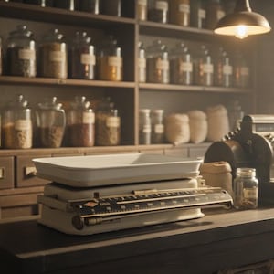 May include: A white mechanical scale with a rectangular tray sits on a dark wooden counter. Beside it is a vintage metal cash register and a small glass jar. In the background, wooden shelves are filled with numerous glass jars containing goods.