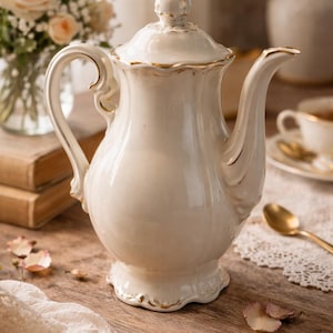 May include: Cream-colored porcelain teapot with gold trim. The teapot has a curved handle and spout, and a decorative lid. The teapot is part of a tea set, with a cup and saucer visible in the background. The teapot is on a wooden surface.
