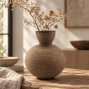 Könnte beinhalten: Eine runde, braune Keramikvase mit strukturierter Oberfläche, schmalem Hals und dunklem Rand, gefüllt mit einem Zweig getrockneter hellbrauner Blumen. Die Vase hat einen kugelförmigen Körper und eine raue, körnige Textur.