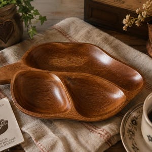 Op de afbeelding: Een bruin houten serveerblad in de vorm van een blad met drie aparte vakken. Het blad heeft een gladde, gepolijste afwerking met zichtbare houtnerven en een klein handvat aan één kant, ontworpen voor het organiseren en serveren van voedsel.