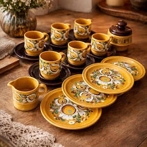 Service à expresso Jasba vintage | Poterie florale jaune Mid-Century, service à café Allemagne de l'Ouest