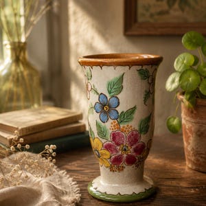 Może przedstawiać: Ceramiczny wazon z rozszerzanym brzegiem i podstawą, pokryty kremowym szkliwem z ręcznie malowanymi motywami kwiatowymi w kolorach niebieskim, czerwonym i żółtym, podkreślonymi zielonymi liśćmi i małymi pomarańczowymi kropkami, z zielonym wykończeniem.