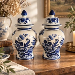 Può includere: Una coppia di vasi per zenzero in ceramica abbinati, caratterizzati da una base bianca con intricati motivi floreali blu e coperchi coordinati con pomelli a punta. I vasi presentano un corpo arrotondato, un collo stretto e una base svasata.