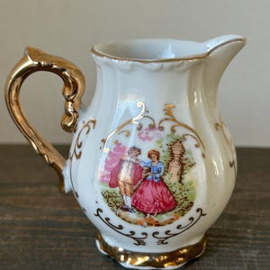 Vintage Victoria Porcelain Tea Set – Gold Gilded Teapot Creamer Sugar Bowl – European Romantic Scene (small) image 12