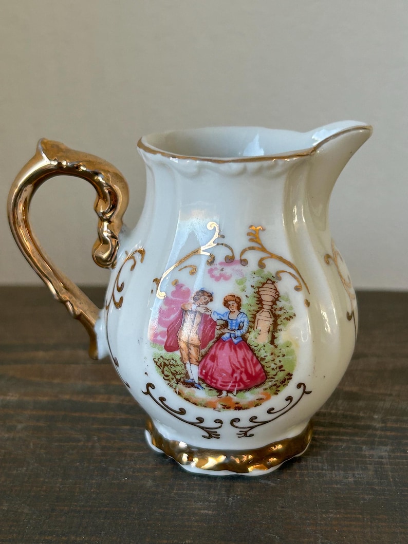 Vintage Victoria Porcelain Tea Set – Gold Gilded Teapot Creamer Sugar Bowl – European Romantic Scene (small) image 12