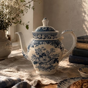 Puede incluir: Una tetera blanca y azul con estampado floral, con tapa y asa a juego. La tetera está sobre una mesa con un plato y una galleta. Un jarrón con flores está en el fondo.