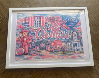 13 x 17 Pink and Blue College Dorm Wall Art Oxford Framed matted Artwork