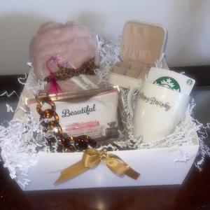 Happy Birthday Gift Box Basket for Her / Blanket / mug / Gift Card / clear Handbag/ Travel Jewelry Box / Bookmark  Bling / Mothers Day