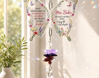 Personalized Retirement Suncatcher Gift for Women, Butterfly Crystal Window Hanging, Custom Name Retired Gift