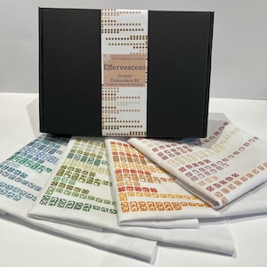 Peut inclure: Une boîte noire avec le texte "Effervescent Cryptic Embroidery Kit" et plusieurs carrés de tissu blanc avec des motifs géométriques colorés. Le kit comprend des carrés avec des motifs bleus, verts, oranges et rouges.